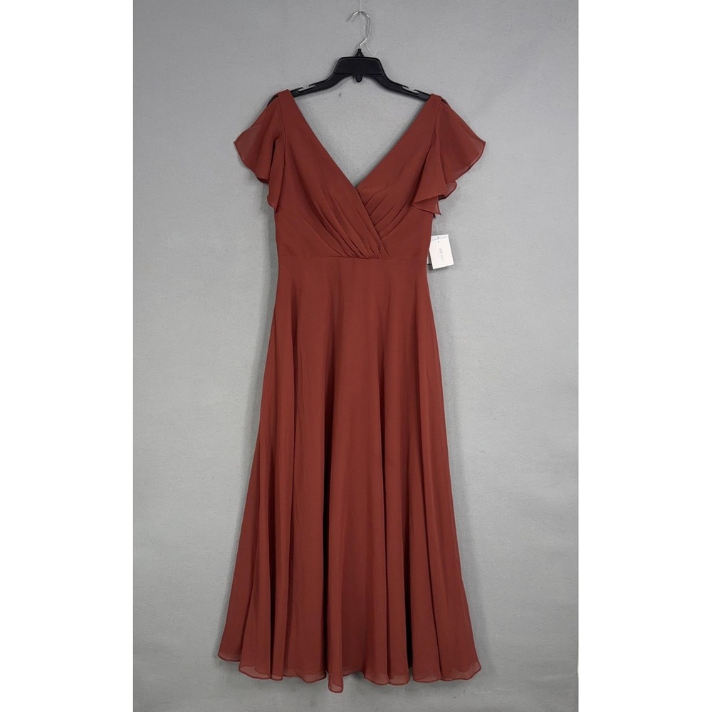 DB Studio Dress Womens 8 Brown V Neck Flutter Sleeve Maxi Chiffon Bridesmaid